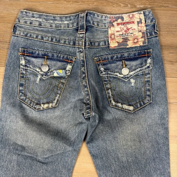 True Religion Low Rise Distressed Flare Jeans, Size 27 - Picture 4 of 7